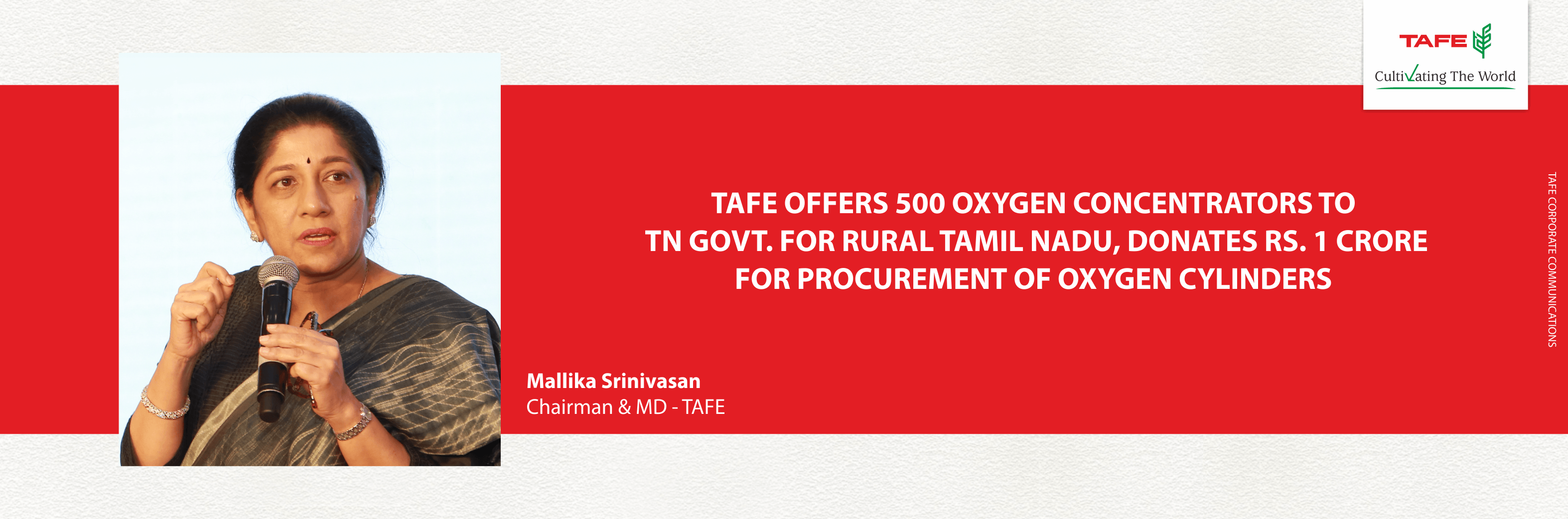 TAFE Offers 500 Oxygen Concentrators to TN Govt. for Rural Tamil Nadu. Donates Rs. 1 Crore for Procurement of Oxygen Cylinders.